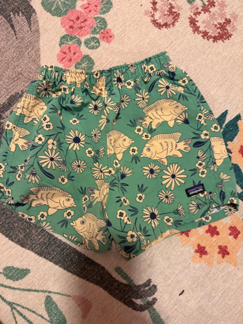 Patagonia Baggie Green Shorts with Yellow Fish & Daisy Print